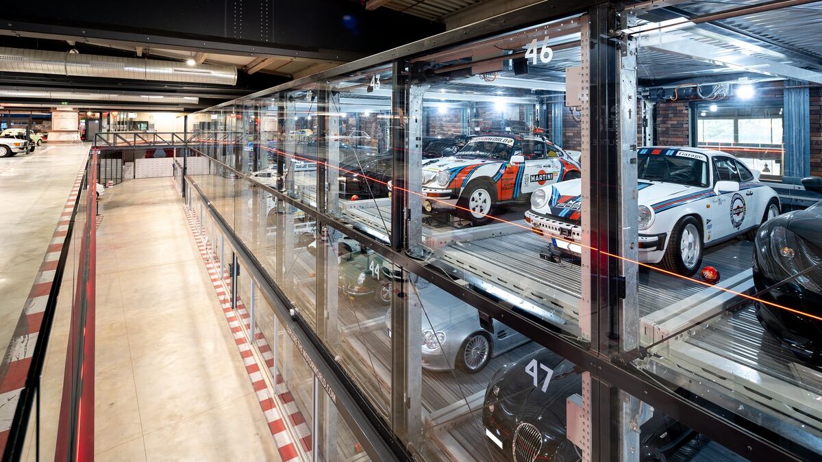 An oblique view of the car park at Motorworld in Mallorca, showing the cars