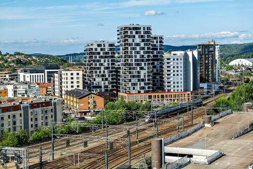 Aerial view of the entire Meierikvartalet site in Oslo