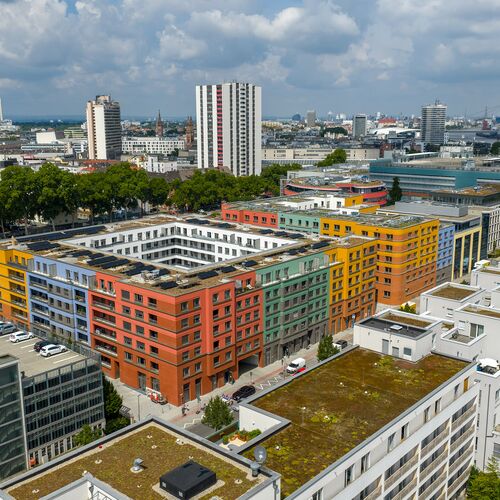 Aerial view of the colourful building in the Ludwigsquartier