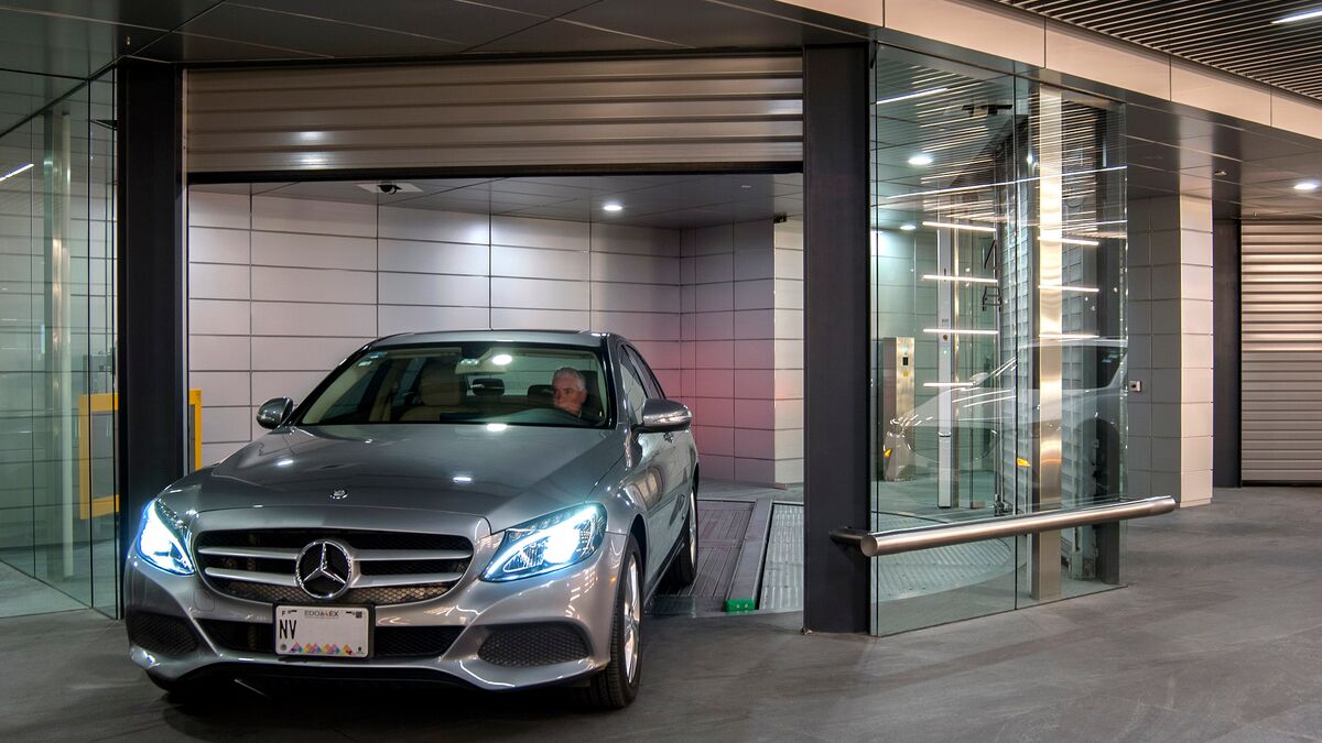 Car driving out of an underground car park